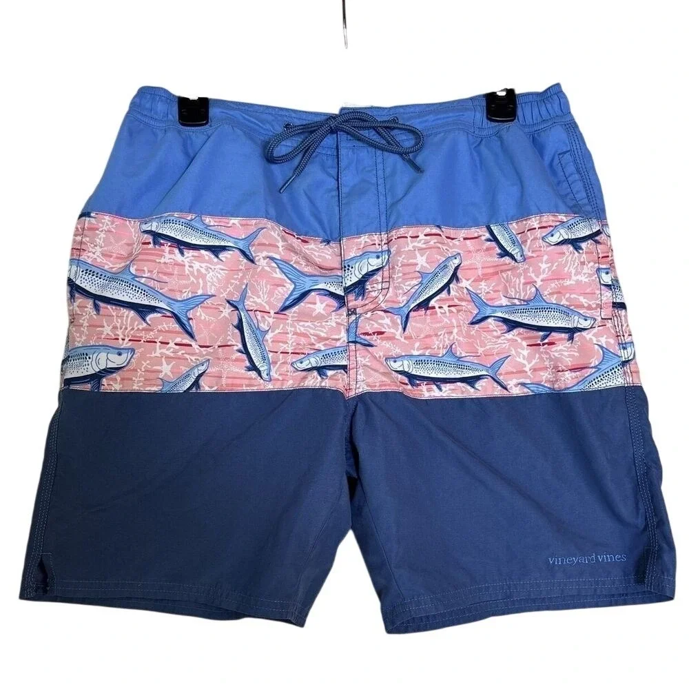 Vineyard Vines Men's Blue Tropical Swim Trunks Sz Small Fish Print‎ 7